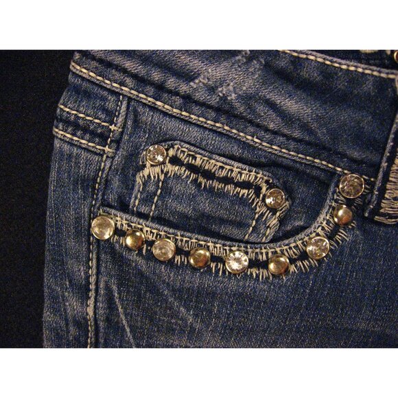 LA Idol USA Womens Jeans Blue Low-Rise Distress 1 Bootcut Flare Rhinestone - Picture 7 of 11